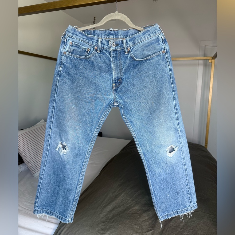 Levi’s 505 Straight Leg Jeans Blue Denim 32x34 Thrashed Vintage Distressed Y2K